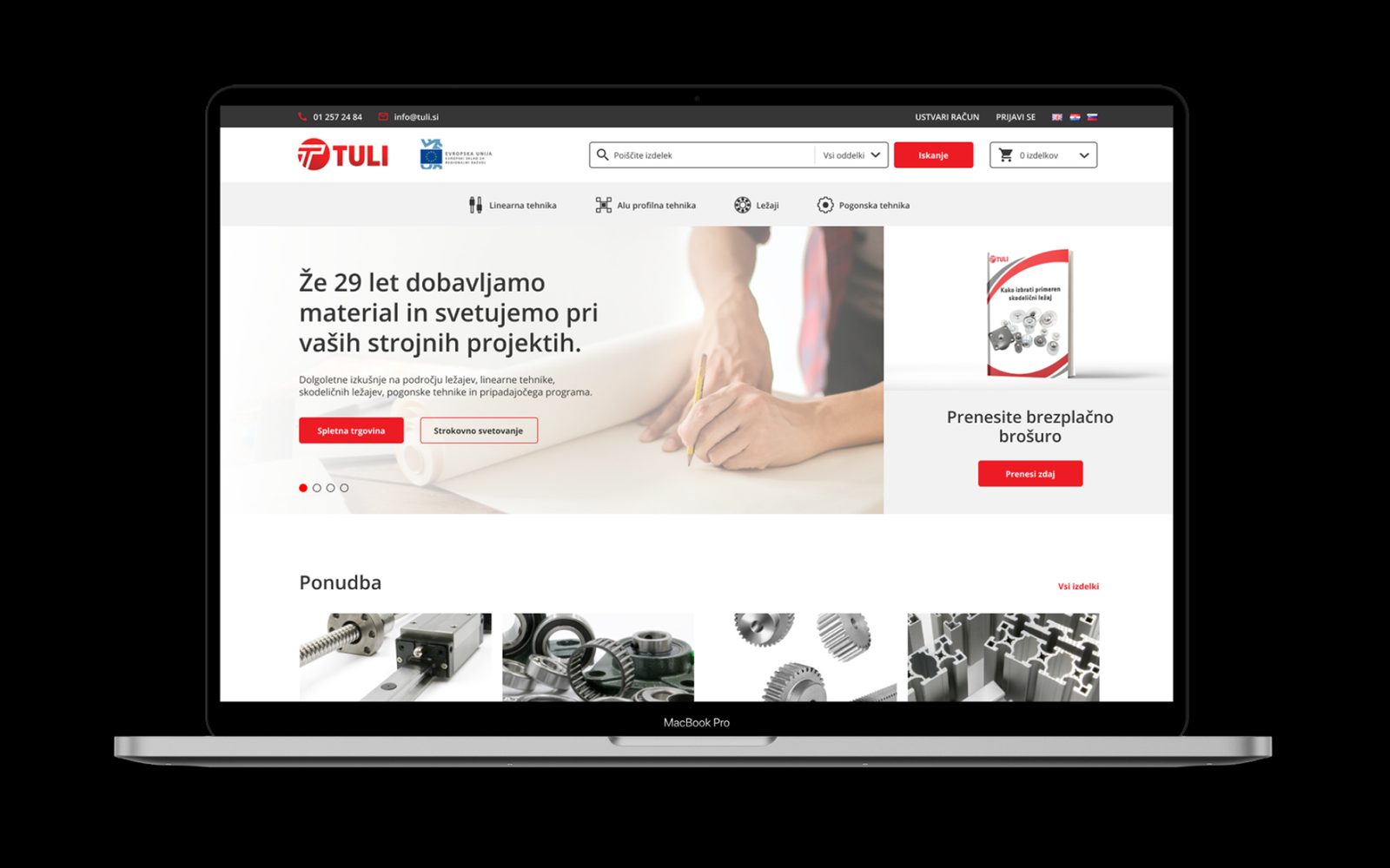 Vstopna stran tuli.si na prenosniku: iskalnik izdelkov, štirje oddelki ponudbe in pas z naslovom o dobavi materiala za strojne projekte