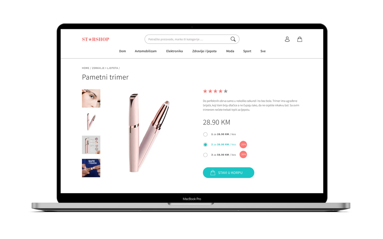 Produktna stran trgovine Starshop na prenosniku: pametni trimer s količinskimi popusti