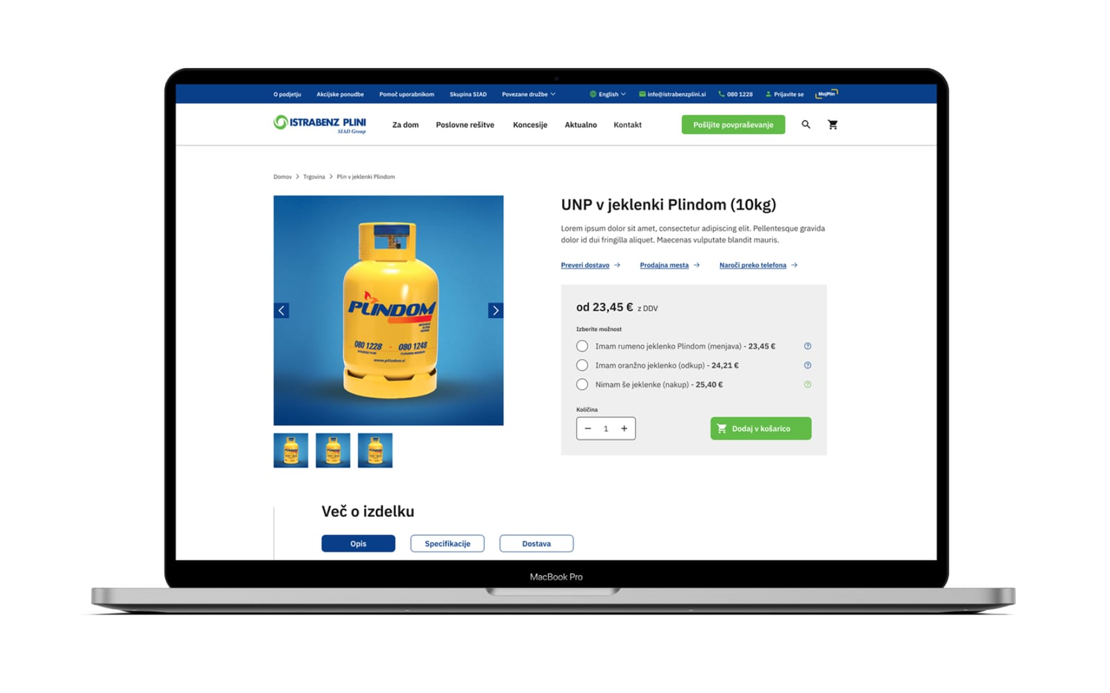 Produktna stran jeklenke Plindom na spletnem mestu Istrabenz plini, prikazana na prenosniku