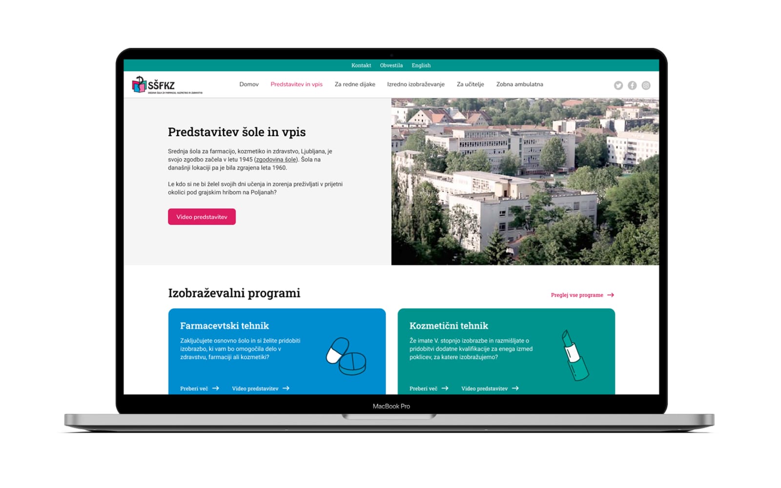 Stran predstavitve šole in vpisa SŠFKZ na prenosniku: fotografija šole in barvni kartici programov