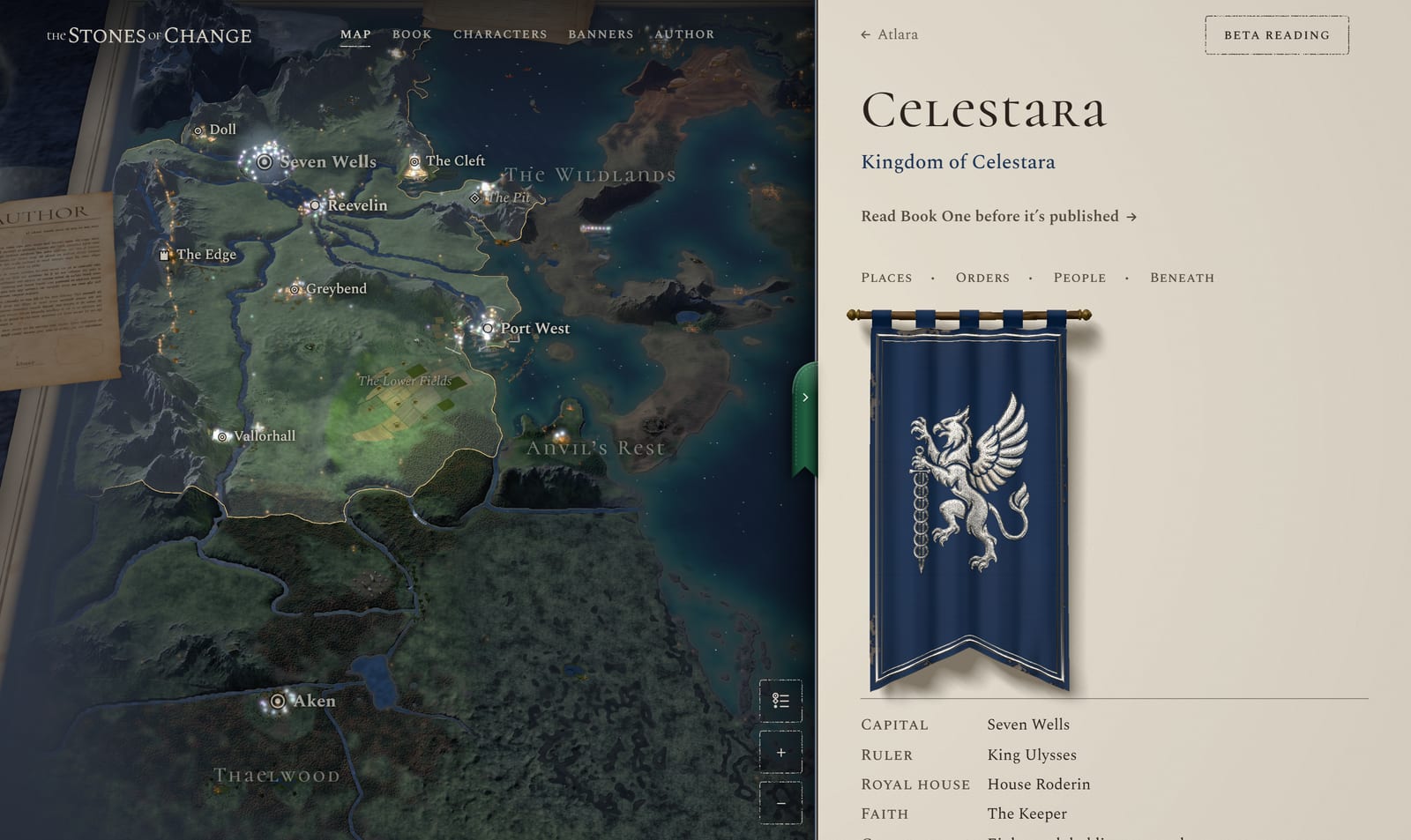Kraljestvo Celestara na 3D-zemljevidu: ob njem list papirja z opisom in vezenim praporom